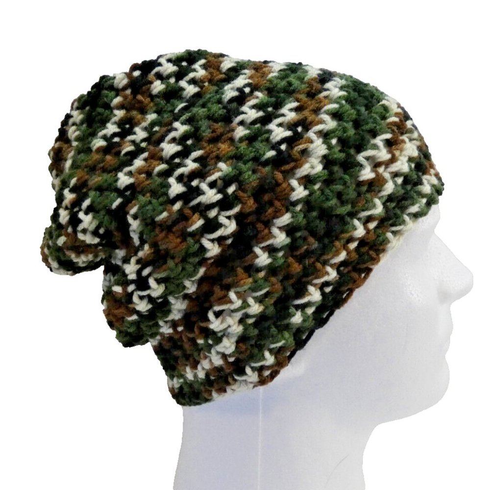 Camo Baggie Beanie Camouflage Hat Handmade Crochet Knit Roll up Hunt NWT Wood OS